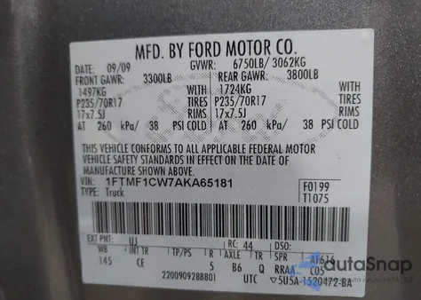 2010 Ford F150 из США, поврежденный, VIN 1FTMF1CW7AKA65181